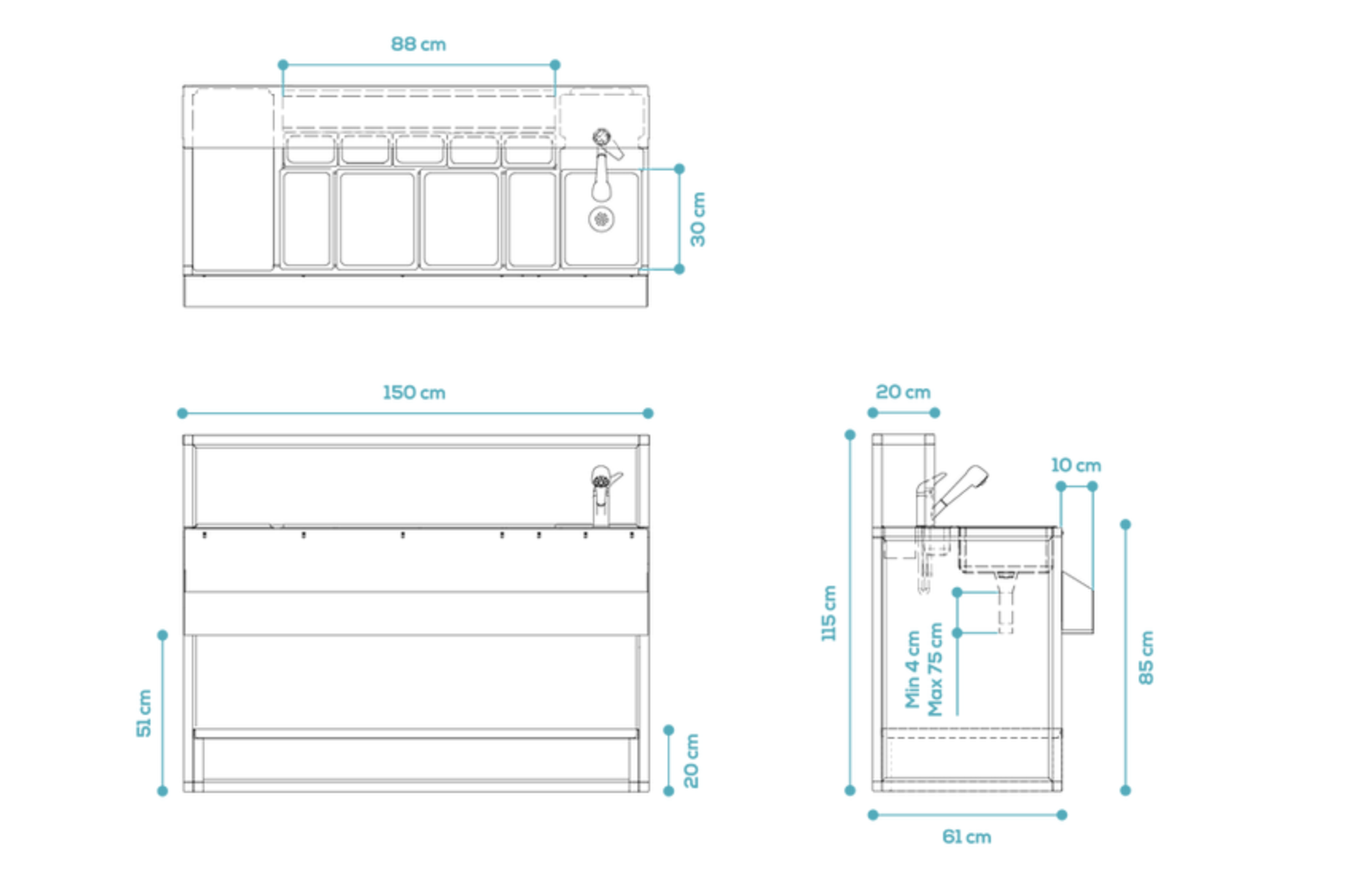 Dimensions du module droit du bar MixUp : 150 × 70 × 115 cm