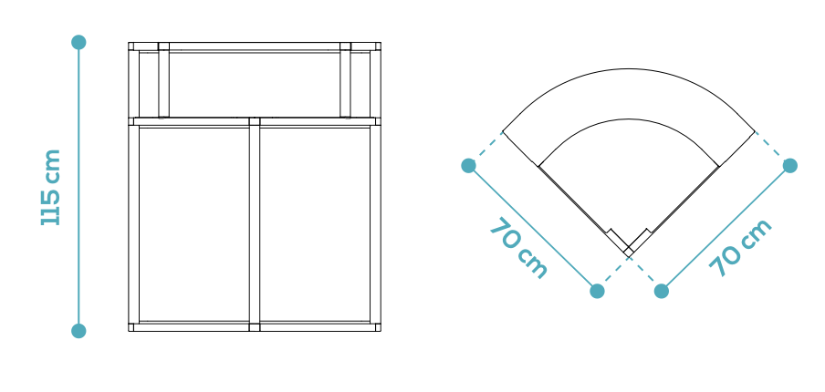 Dimensions du module d’angle du bar MixUp : 70 × 70 × 115 cm